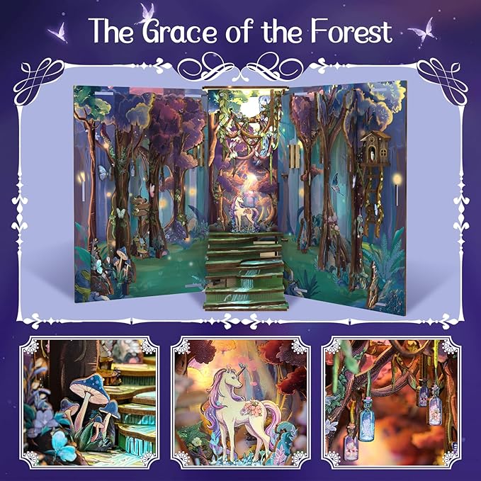 Fsolis Book Nook Kit, DIY Miniature Room House Kit 3D Wooden Puzzle Craft Kit for Adult Decorative Bookend Bookshelf Bookcase Nook Decor Gifts for Women Teens and Book Lovers (The Grace of The Forest)