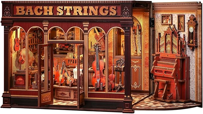 Book Nook Kit, 3D Wooden PuzzleDIY Miniature House Kits for Adult and Teens, Tiny House Building Kit Booknook Bookshelf Decor, DIY Craft Gifts for Family and Friends & Music Lovers (Bach Strings)