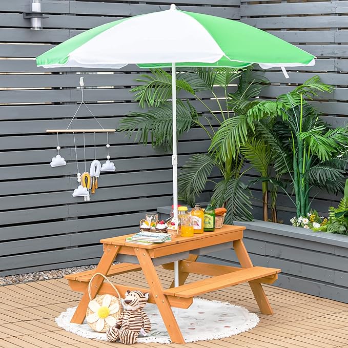 HONEY JOY Kids Picnic Table, 4 in 1 Cedar Wooden Sand & Water Table w/ 2 Removable Box & Umbrella, Kids Picnic Tables for Outdoors Backyard Garden, Toddler Patio Furniture Set for Boys Girls(Natural)