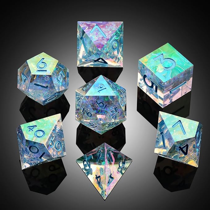 Iridescent Plating Sharp Resin Dice, DNDND 7PCS Handmade DND Sharp Edge Dice with Gorgeous Gift Case for Dungeons and Dragon Tabletop Games (Iridescent Plating Transparent)
