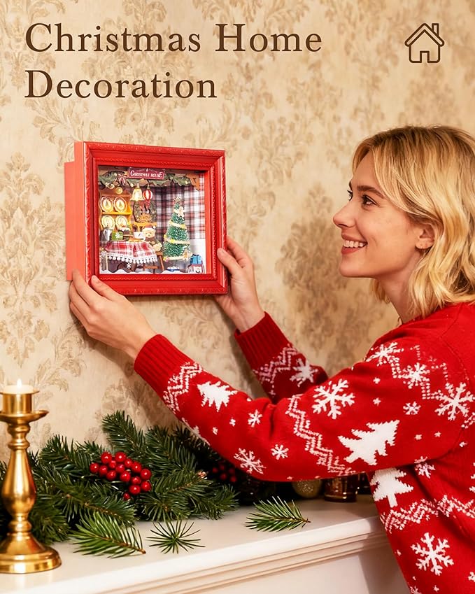 Rolife DIY Miniature House Kit, Mini Wooden Dollhouse Kit for Adults to Build, 3D Shadow Box Frame Home Wall Hanging Decor Diorama Kit, for Girls Women Teens-Christmas Eve Party