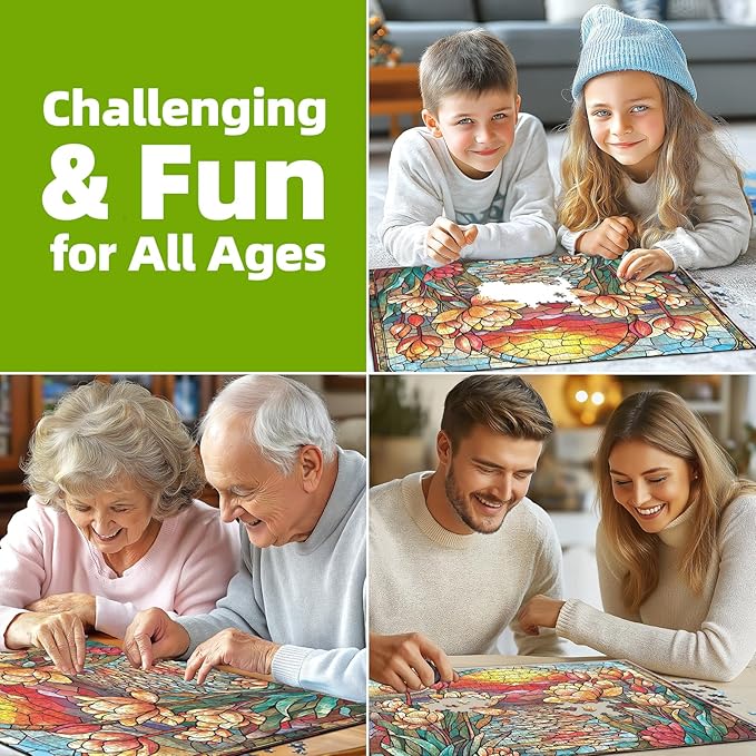 Stained Glass Flower Puzzles for Adults 1000 Pieces Colorful Impossible Hard Puzzle for Adults Beautiful Vintage Flowers Art Jigsaw Puzzles 1000 Pieces Unique Challenging Floral Family Puzzle