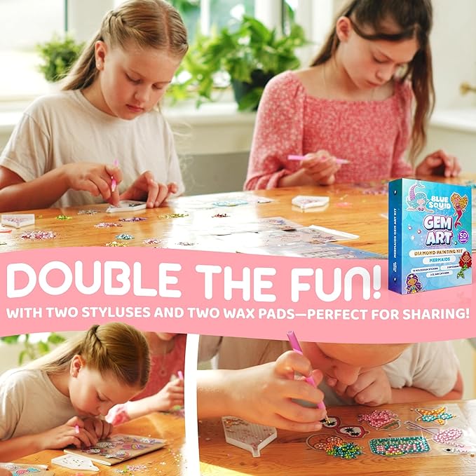 Blue Squid Diamond Art Kits for Kids – Mermaid - Fun & Easy DIY 5D Gem Art Gift Set for Keychains, Stickers, Sun Catchers - Diamond Painting Kit Arts & Crafts Kit for Kids, Girls, Boys Ages 6-12