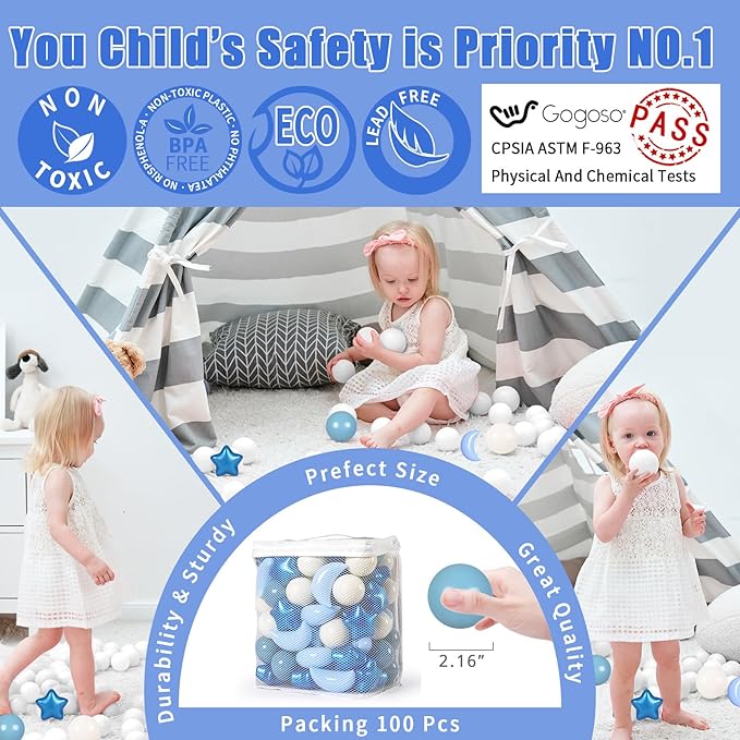 GOGOSO Ball Pit Balls Stars Moon Shapes Plastic Pitballs for Toddler Play Tent Baby Photo Props Kids Pool Water Toys Kiddie Pool Party Decor, Pearl Blue+Cream Blue+White,100PCS