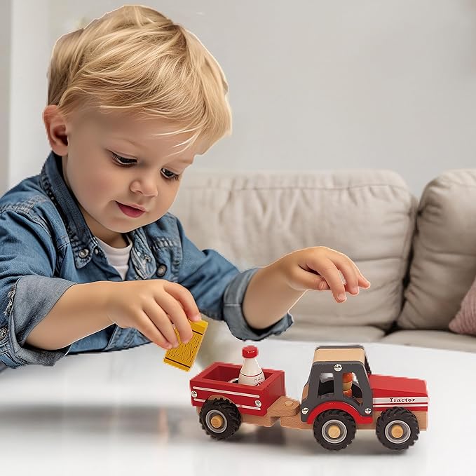 Wooden Tractor Toys for Toddlers 1-3, Baby Vehicle Toys Hand Push Car Toys for 1 2 3 Year Old Boys Girls (Red)