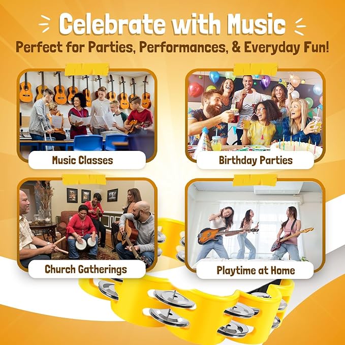Flexzion Flower Tambourine - 8 Inch Handheld Percussion Instrument w/Metal Jingles & Ergonomic Grip - Small Tambourines for Adults, Kids, Church, Parties, & Musical Events (Yellow)