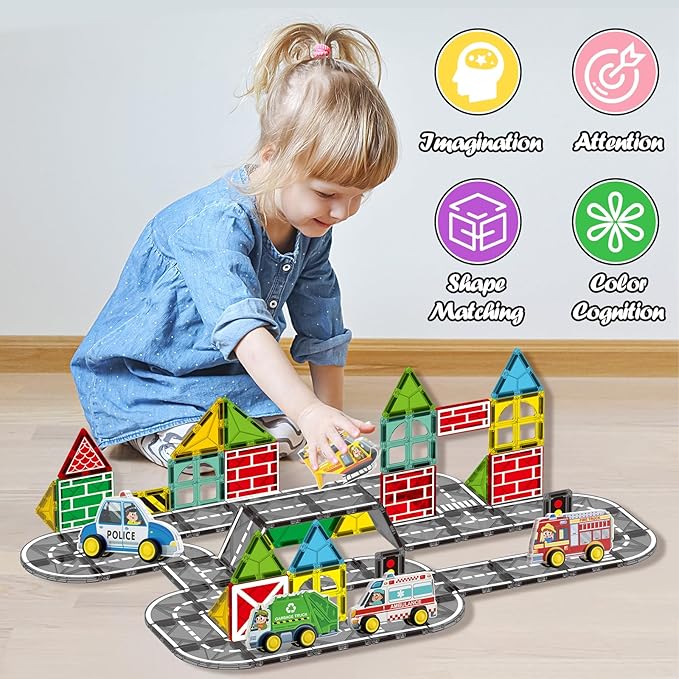 Oriate City Road Set Magnetic Tiles, Rolling Rescue Toy Cars with Construction Building Magnetic Blocks, Educational Road Traffic City Life Magnet Tiles, STEM Toys Gifts for Preschool Kids