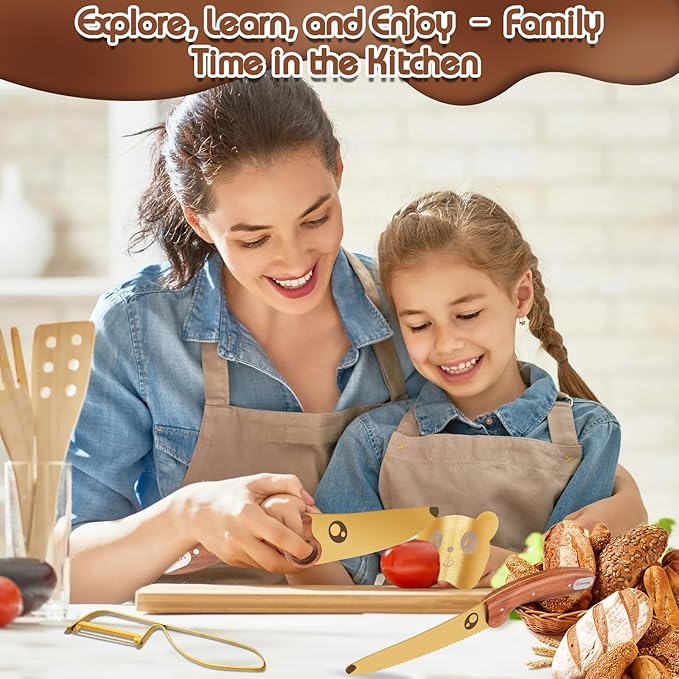 Kids Knife Set for Real Cooking with Educational Ring & Precious Rosewood Handle, Kids Chef Knife-4pcs Set with Stainless Steel Finger Guard-Golden Coating
