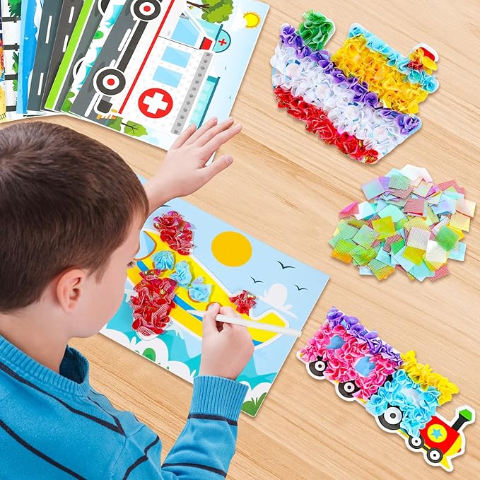 8PCS Poke-in Craft and Art Kit for Kid Transportation Vehicle Theme No-Mess Fabric Sewing Art Girl Boy 4-12 Puzzle Puncture Painting Truck Car Toy Gift Creative Activity Game Birthday Party