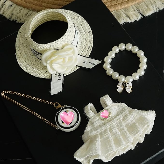 17cm Doll Clothes Set with Fashion Accessories - Premium Luxury Baby Doll Outfits & Designer Clothes Bundle, Unique Fashion Style Dresses with Hat & Pearl Necklace & Bag Accessories (White)