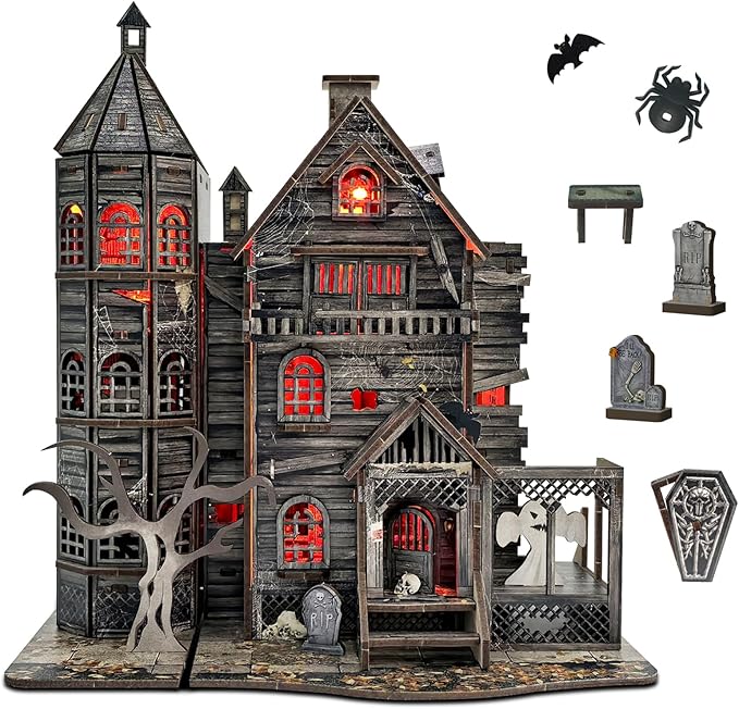 3D Wooden Puzzle Haunted House Model Set - Miniature Haunted House Kits with Led Accessories Furniture, Suitable for Adults and Teenagers to DIY Halloween Horror Doll House Craft Gifts.