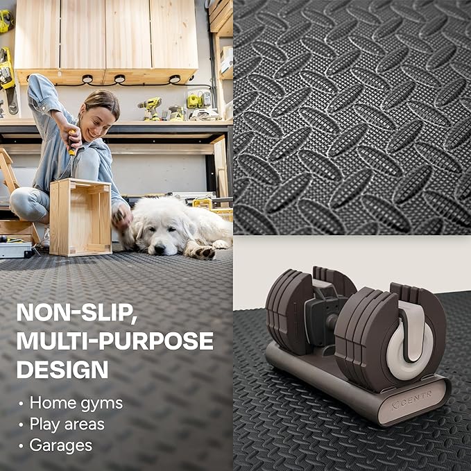 Centr Gym Flooring Exercise Mats - 96 Sq Ft (24-Pack) Interlocking Foam Floor Tiles are Shock Absorbing & Slip Resistant - Non-Toxic Materials Home Workout Equipment