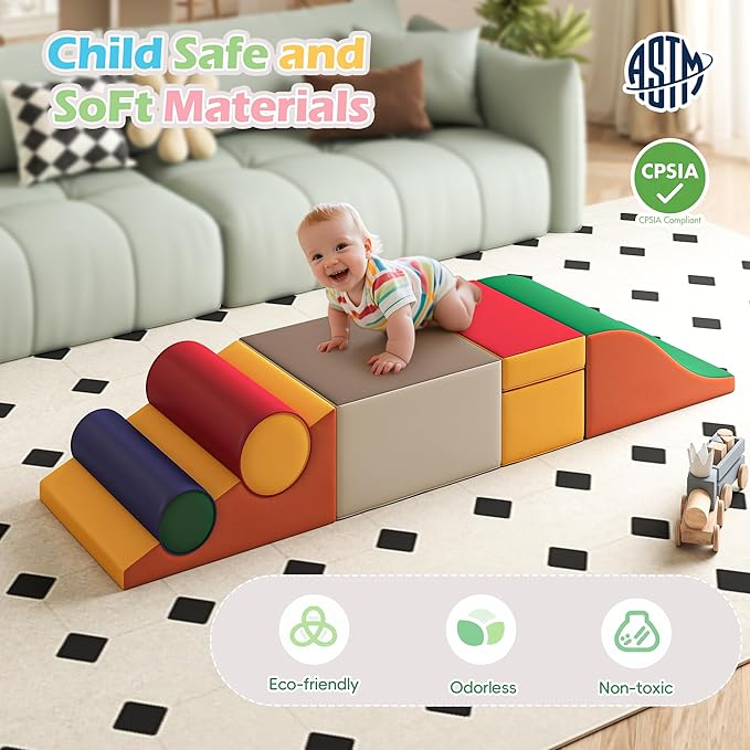 MU Soft Climbing Toys for Toddlers, Soft Foam Climbing Blocks, PU Leather Gym Climb & Crawl Soft Activity Playset, Indoor Climbing Toys Equipment for Kids and Children, Classic Grey, Macaron
