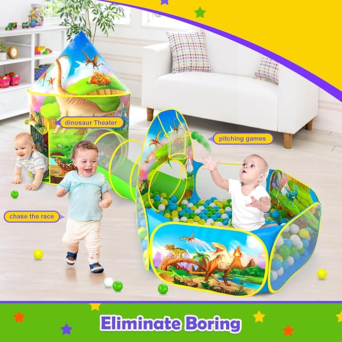 PigPigPen 3pc Dinosaur Play Tent for Kids with Big Roar Button, Baby Ball Pit, Crawl Tunnel, Castle Tents for Toddlers, Children Indoor & Outdoor Playhouse Toys, Perfect Kid’s Gifts