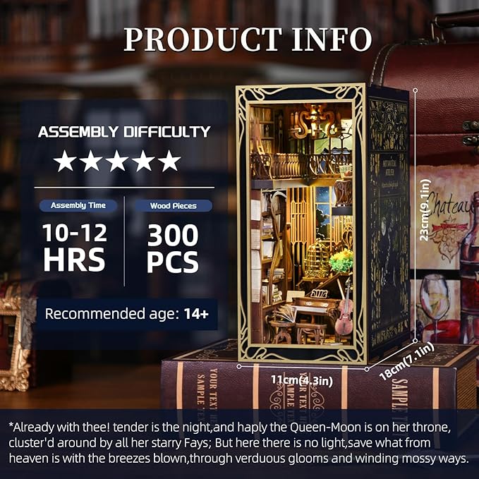 DIY Book Nook Kit, Miniature Dollhouse Booknook Kit, 3D Wooden Puzzle Bookend Bookshelf Insert Decor with LED Light for Teens and Adults (Pianist with Nightingale)