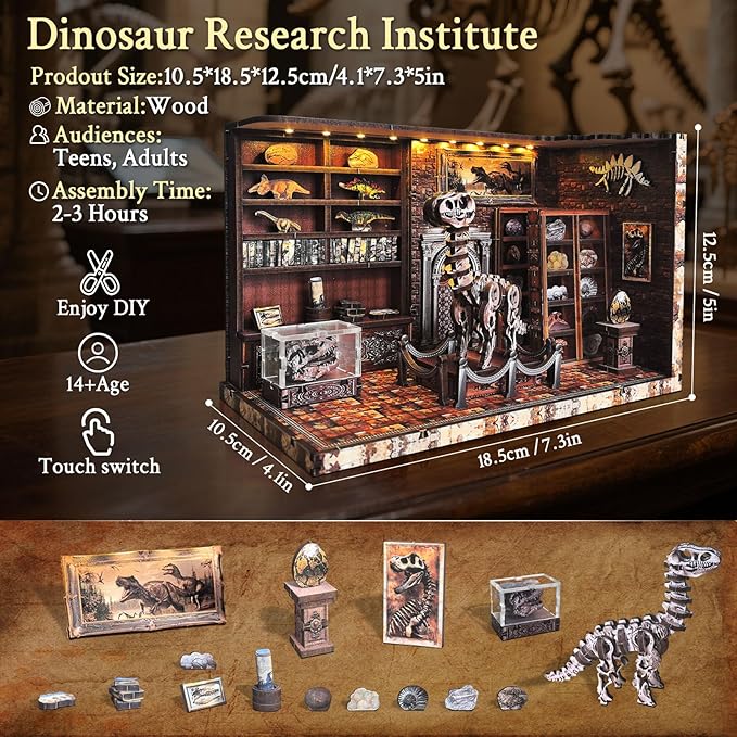 Book Nook Kit, DIY Miniature Dollhouse Booknook Kit for Adults and Teens, 3D Wooden Puzzle Bookshelf Crafts Kits with LED Light for Family and Friends (Dinosaur Research Institute)