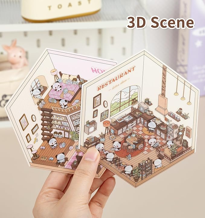 DIY 3D House Stickers, 4 Sets Fun DIY Sticker Scene Make Your Own Mini House Cute Cartoon Animal Scene Stickers for Kids Adult Sticker Art Relief Stress Pass The Time