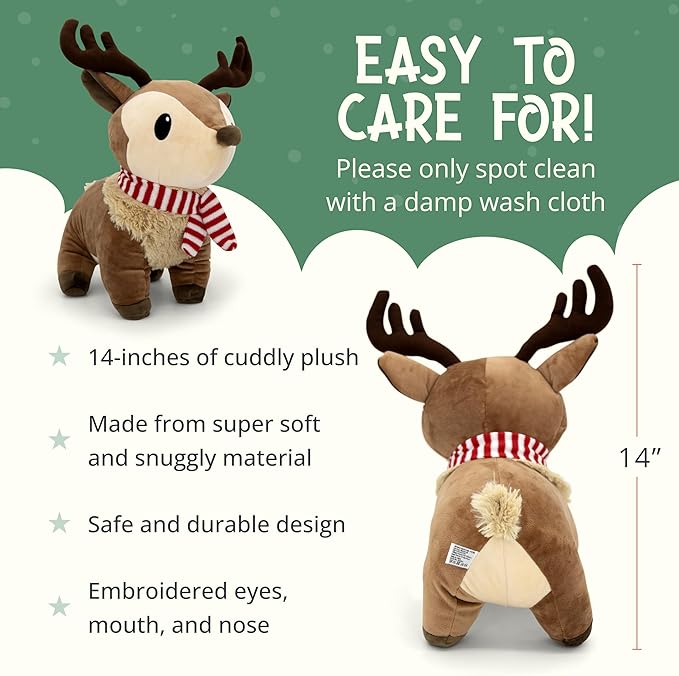 Plush Reindeer Stuffed Animal - Holiday Deer Characters with Antlers Toy - Christmas Decor Animals - Medium Plushie Toys - Ralphie, 14"