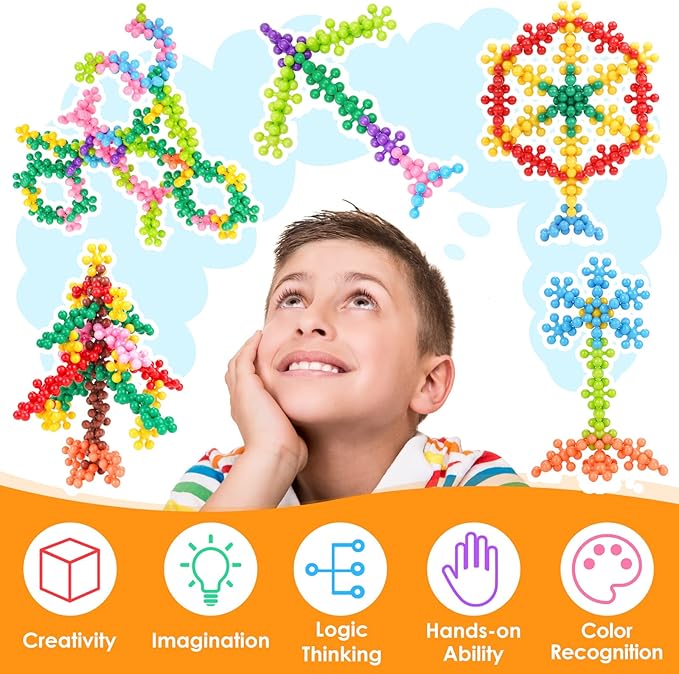 Snowflake Interlocking Building Block Educational Toy 300PCS for Kids Ages 3+, Multi-Color Solid Plastic Early Learning Creativity STEM Toy with Carrying Case Safe Material