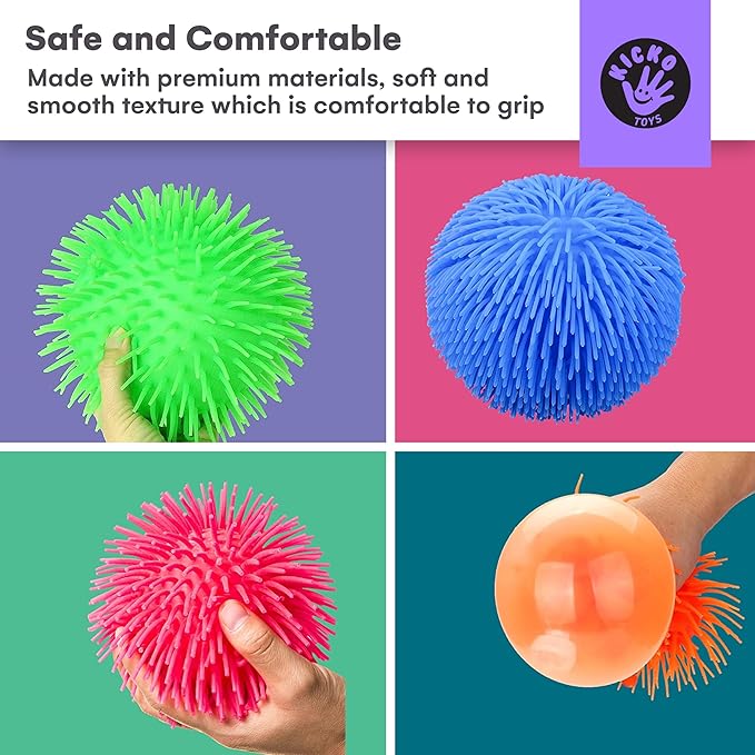 Kicko Puffer Balls - Assorted Colors, Spiky Balls for Kids, Sensory Game, Stress Relief - 5.5'' - 6 Pack