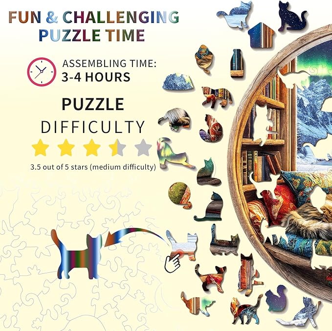 Wooden Puzzles for Adults, Warm Cats and Books Jigsaw Puzzles, Unique Shaped Wooden Puzzle for Adults and Kids, Birthday Gift Family Game.(11.4X 11.4 in 200pcs)