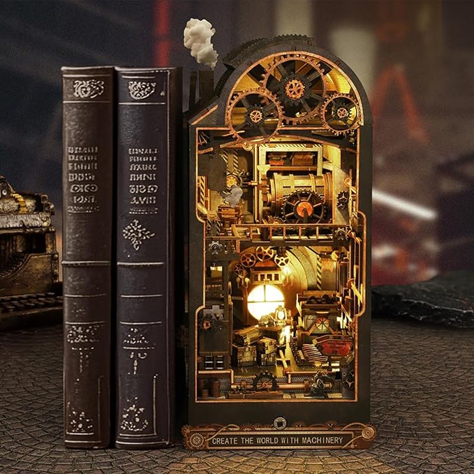 ISSEVE Book Nook Kit, 3D Wooden Puzzle DIY Miniature House Kit for Booknook Shelf Insert Decoration, Magic Book House Stand Bookshelf Dollhouse for Adults with Sensor Ligh (Mechanical Rhythm)