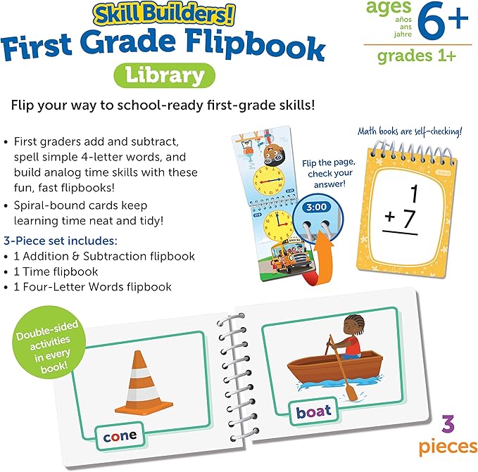 Learning Resources Skill Builders! First Grade Flipbook Library - 3 Pieces, Ages 6+ First Grade Learning Activities, Math and Spelling Activities for Kids, First Grade Must Haves