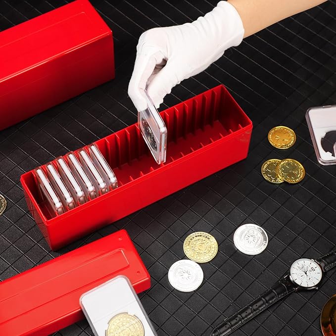 Wenqik 6 Pcs Plastic Coin Storage Box Case with 20 Slab Coin Holders - Collection Box for Collectors, Home, Office, Bank Supplies(Red)