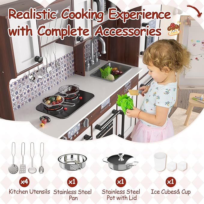 2-Piece Kids Kitchen Playset, Wooden Play Kitchen Set for Toddlers, Modular Pretend Play Kitchen w/Light&Sound Stove Oven, Large Kitchen Cooking Toy w/Refrigerator, Gift for Girls Boys