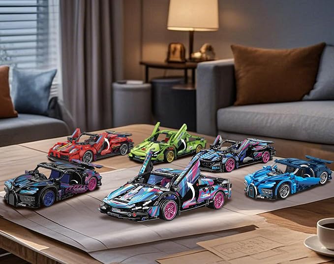 Sosuy Building-Block Race-Car Set, 1:18 Technical Model Kit 586 Pcs DIY Pull-Back Cyberpunk Toy for Boy Girl Kid Age 6+ Year, Birthday Gift for Teen Adult Display, Speed Super Sports Cars Bricks Icons