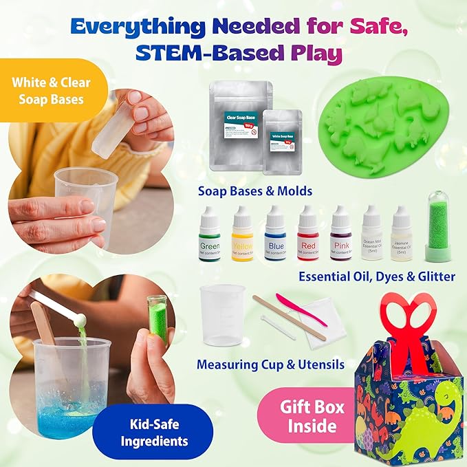Pinwheel Crafts DIY Soap Making Kit for Kids Ages 5 6 7 8-12+ with Molds, Scents, Dye, Glitter, Foaming Net – Dinosaur Soap Making Kits for Adults Beginners Great for Science Projects and Crafts