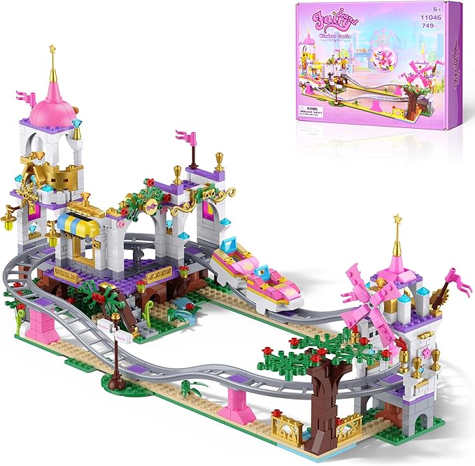 Castle Roller Coaster Building Set, STEM Amusement Park Construction Kit for Kids, Creative Pink Playground Blocks Birthday for Girls Boys Ages 6-12 (749Pcs)