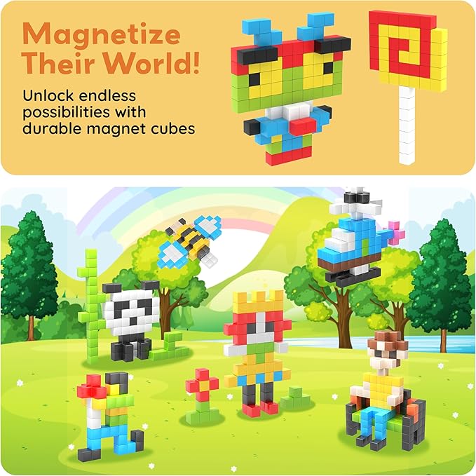 PicassoTiles 100pcs 0.5” Pixel Magnetic Puzzle Cube Mix & Match Cubes Sensory Toys STEAM Education Learning Building Block Magnets Children Construction Toy Set Stacking Magnet Creative Kit PMC100