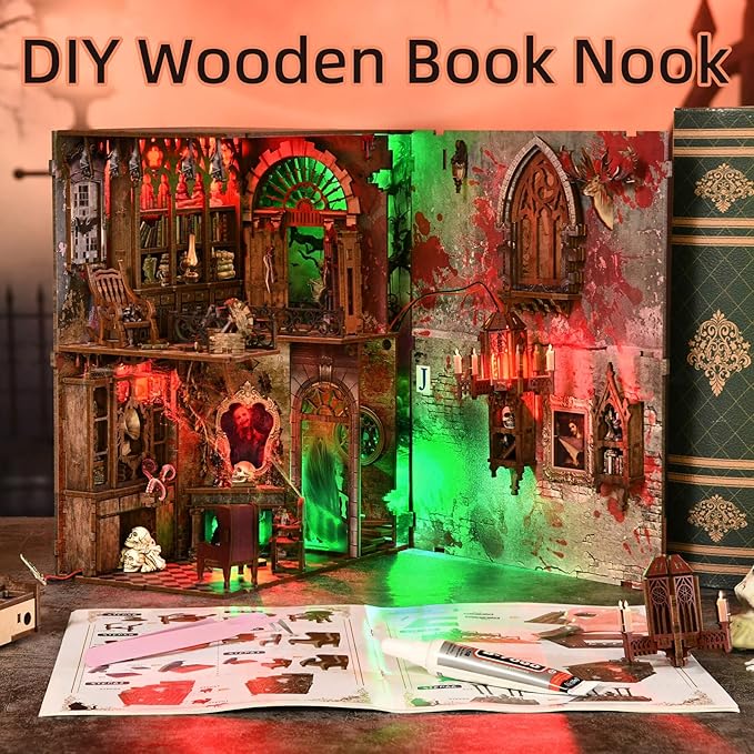 Haunted Horror Book Nook Kit, DIY Miniature Dollhouse Halloween Booknook Kit, Spooky Creepy Scary 3D Wooden Puzzle Bookend Bookshelf Insert Decor with LED Light (Haunted Mansion)