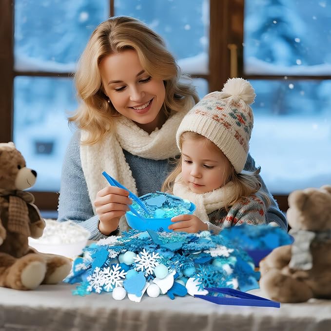 259 Pcs Winter Sensory Bin Items Winter Snowflake Counting Sorting Sensory Bin Filler Fine Motor Felt Acrylic Snowflake Gloves and Hats Counts for Xmas Counting Decor