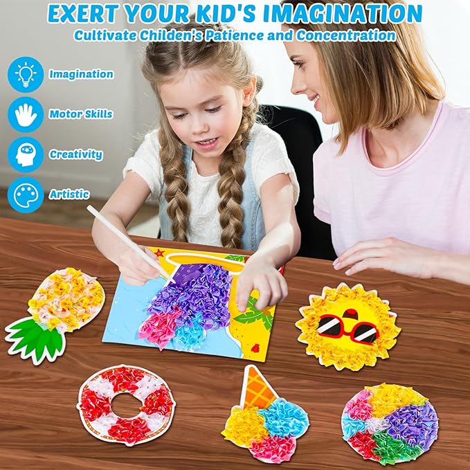 8PCS Poke-in Craft and Art Kit for Kids Summer Theme No-Mess Fabric Sewing Art Girls Boys 4-12 Puzzle Puncture Painting DIY Beach Hawaiian Toy Gift for Creative Activity Game Birthday Party