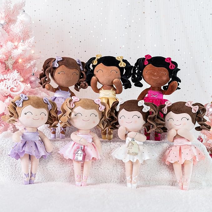 Gloveleya Baby Dolls Soft Snuggly Curly Hair Ballerina Doll First Baby Girl Gifts Plush Tanned Ballet Doll with Lace Mesh Dress Golden 14inches Ballerina Series