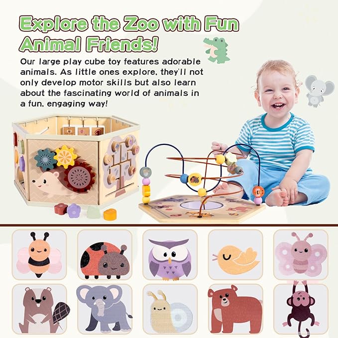 aiwo 7-in-1 Activity Cube for Toddlers 1-3 Montessori Toys, Wooden Large Activity Center for 1 Year Old Baby, Educational Sensory Learning Toys for Boys and Girls Birthday Gifts