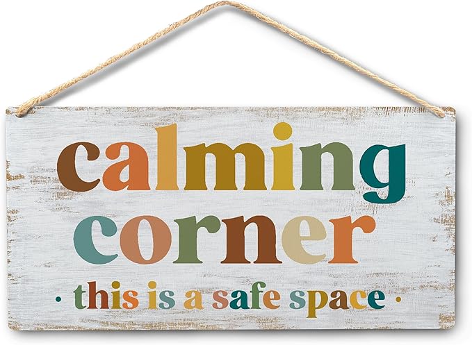 Calming Corner Hanging Wood Sign Plaque - Safe Space, Classroom Decor, School Counselor Office, Calm Down Corner Decorations, Boho Decor (Yellowish White), 12x6