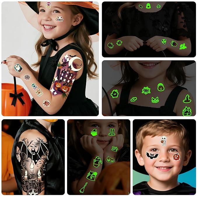 39PCS Glow in The Dark Halloween Temporary Tattoos Adult Kids, 9PCS Realistic Half Sleeve Pumpkin Bat Crow Skull Fake Tattoos, 30PCS Luminous Spider Cat Ghost Tiny Face Body Stickers Party Supplies