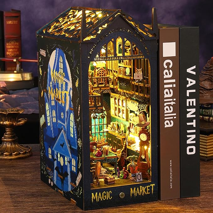 ISSEVE DIY Book Nook Miniature Kits for Adults, 3D Wooden Puzzle Dollhouse Miniature House Kit for Booknook Shelf Insert Decor, Creative Assembled Bookends Bookshelf with Sensor Light (Magic Market)