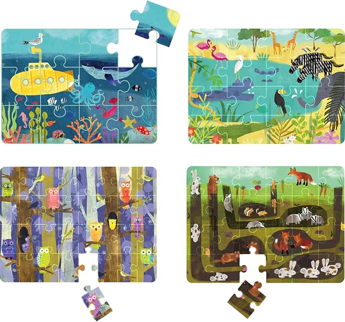 4 Pack Puzzles for Kids Ages 3-5, 4-Difficulty-Level Puzzle with 12 16 24 32 PCS, Color-Zones on Back, 4-in-1 Progressive Animals World Jigsaw Toy Gift for Age 3 4 5 6 Year Old Boys Girls