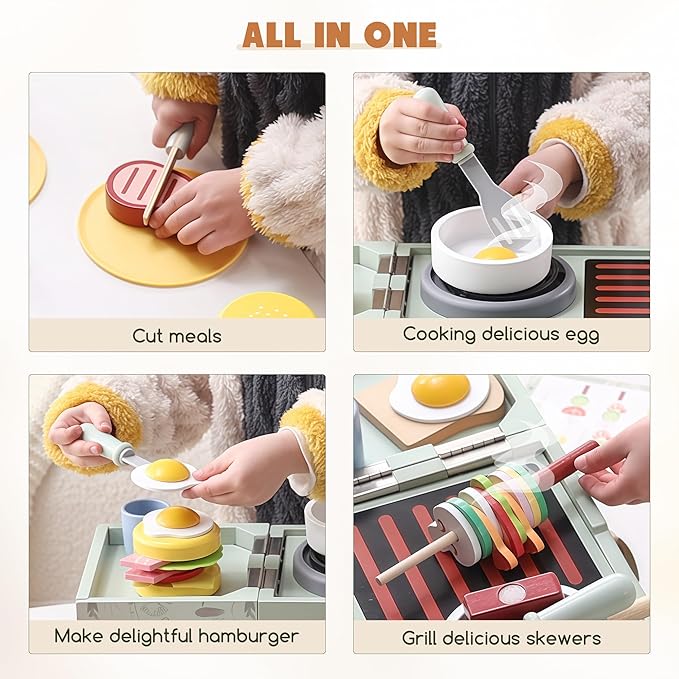 Wooden Kids Grill Playset with Play Kitchen Accessories| Pretend Play Toys for Toddlers 3-5, Cooking BBQ Play Food Toy for 3+ Year Old Boys & Girls, Birthday Gifts for Kids