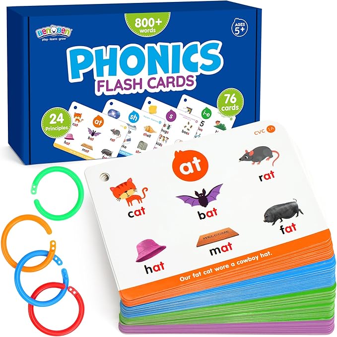 Phonics Flash Cards, 76 Cards 24 Principles, Learn to Read Phonics Games, CVC Digraphs Blends Long Vowel Sounds, Classroom Homeschool Educational Toys for Kindergarten 1st 2nd Grade Kids Ages 4-8