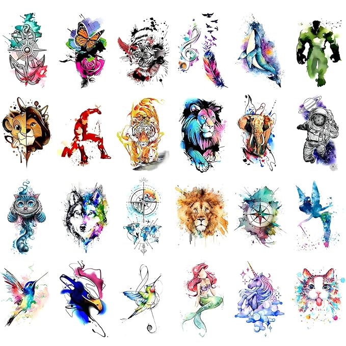 48 Watercolor temporary tattoos for adult and kids,Arm tattoo, body tattoo, watercolor lion wolf mermaid cat tiger,waterproof temporary tattoos realistic for women girls and kids, colourful
