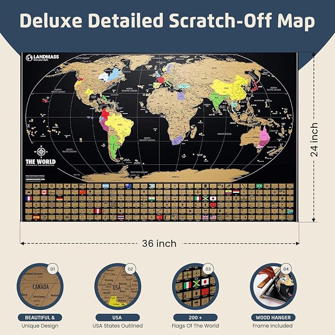 Landmass Scratch Off World Map, with Wood Hanger Frame, Extra Large 36x24 Inch Travel Map Poster, Scratchable Flags and Countries, Wall Art for Travelers, Adventure Gift for Home or Office Decor