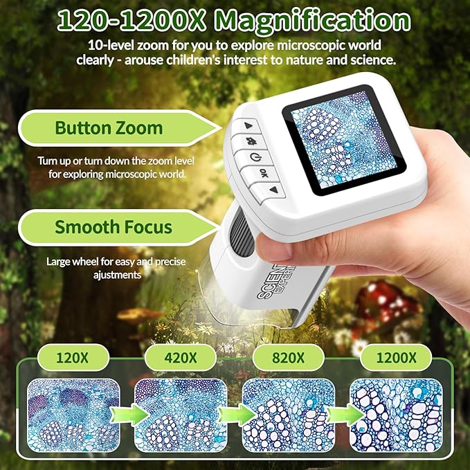 Microscope for Kids, 1200X Kids Microscope Pocket Portable Microscopes with Photo and Video Function, Mini Handheld Digital 2" Screen Rechargeable Student Edu Science Microscopes for Kids 6-7 8-12