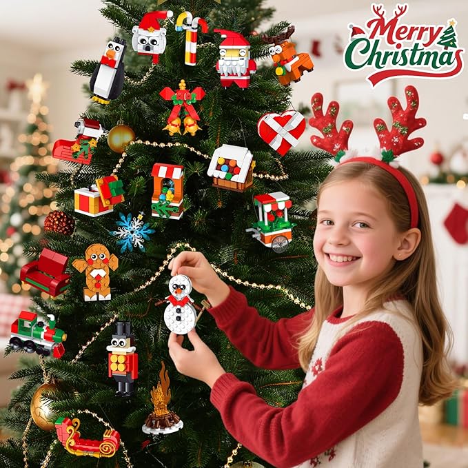 HOGOKIDS 2025 Advent Calendar Christmas Ornaments Building Set, 24 Days Countdown Hanging Christmas Tree Decor Wreath Santa Snowman Xmas Gift Stocking Stuffer Building Toys for Kids Boys Girls Ages 6+