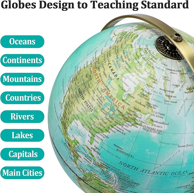 8'' World Globe with Gold Stand 720° Rotating, Kids Adults Student Geography Educational, Desk Globe Decorative Office Classroom, Unique Birthday Christmas Gifts (Elegant Turquoise)