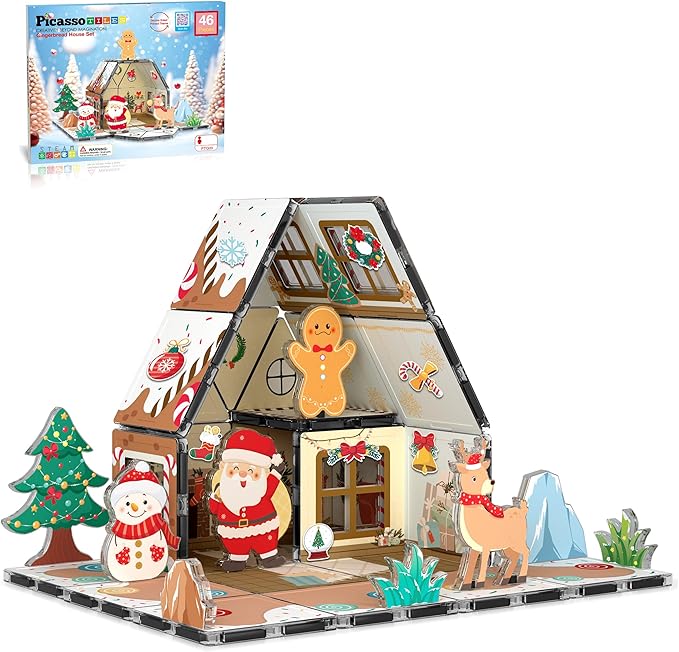 PicassoTiles Magnetic Tiles Gingerbread House Holiday Character Action Figures Santa, Snowman, Deer Winter Theme Construction Kit Magnet Building Blocks STEM Learning Gifts Toddler Toys Ages 3+ PTQ09